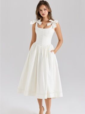 House of CB 'Lillia' White Stretch Cotton Bow Midi Dress NWOT